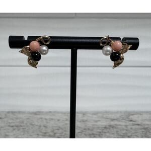 14k Gold Elegant Pearl Coral & Onyx Earrings Signed